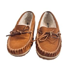 Minnetonka Shoes Men's size 8M Tan Moccasins Slippers Fur Lined Leather Suede